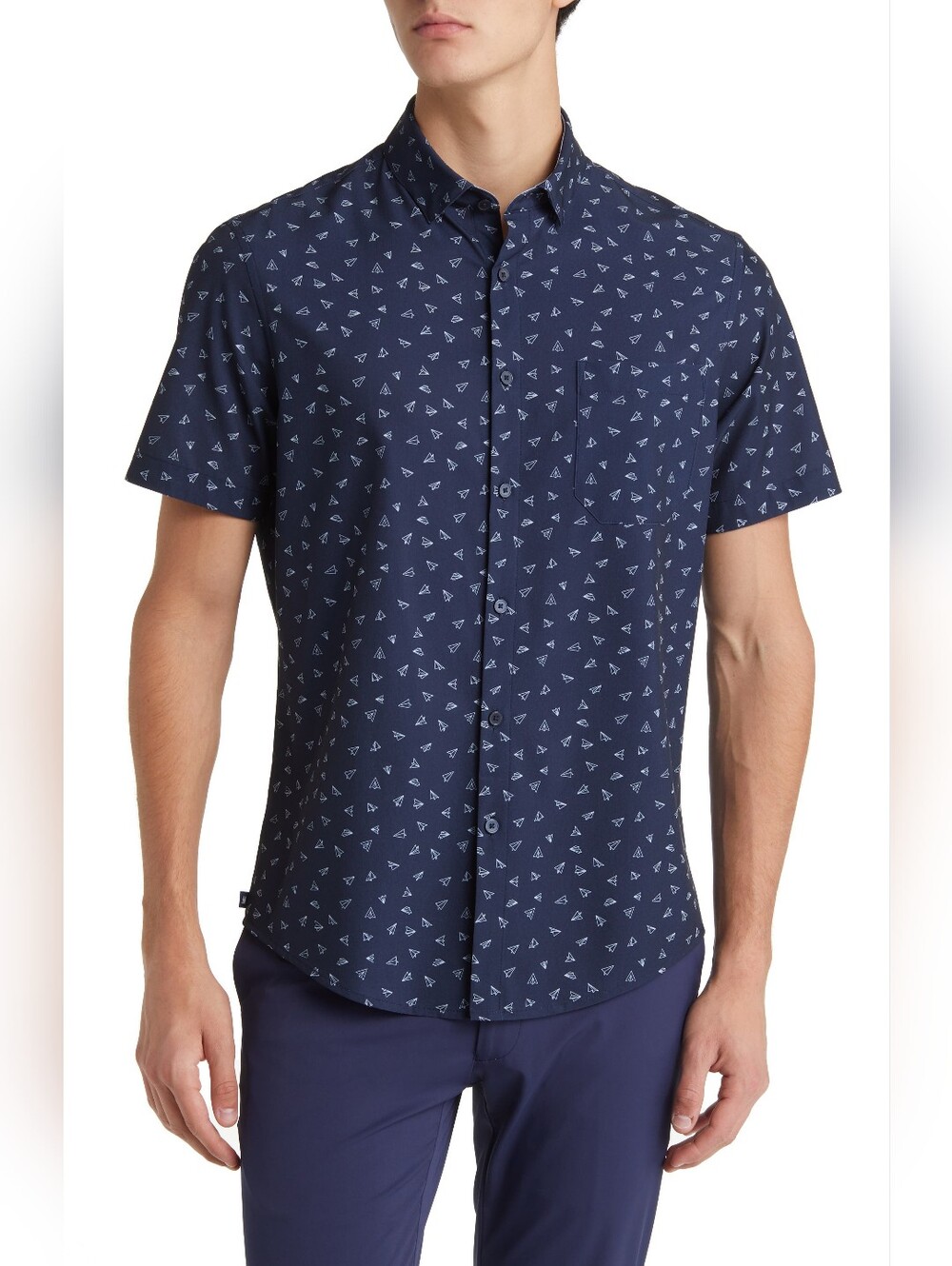 Mizzen+Main Leeward Trim Fit Navy Paper Airplane Short Sleeve Button Down Medium